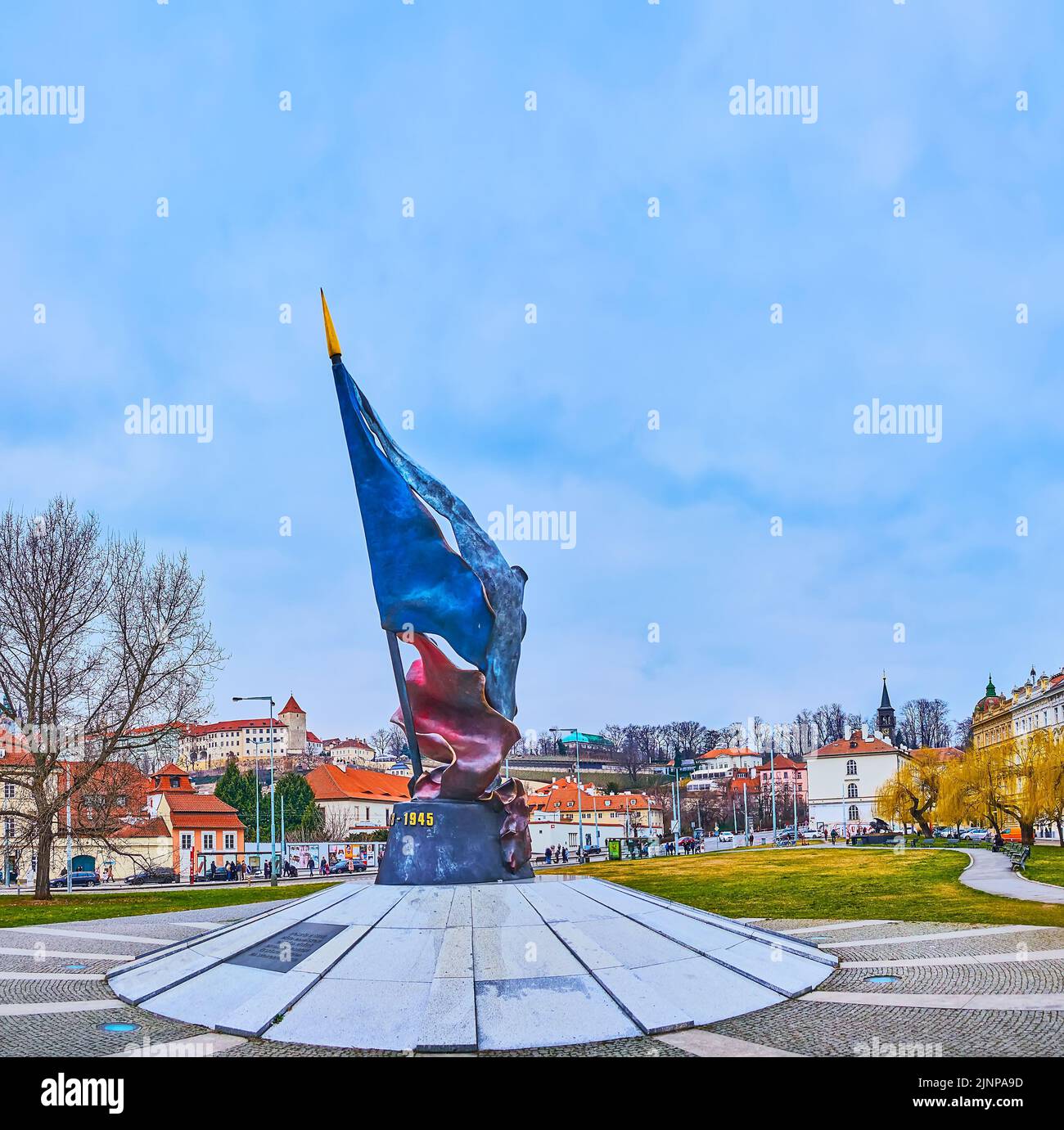 PRAGUE, CZECH REPUBLIC - MARCH 6, 2022: Resistance Flag Monument, dedicated to the victims and winners of WWII in Park Na Klarove, on March 6 in Pragu Stock Photo