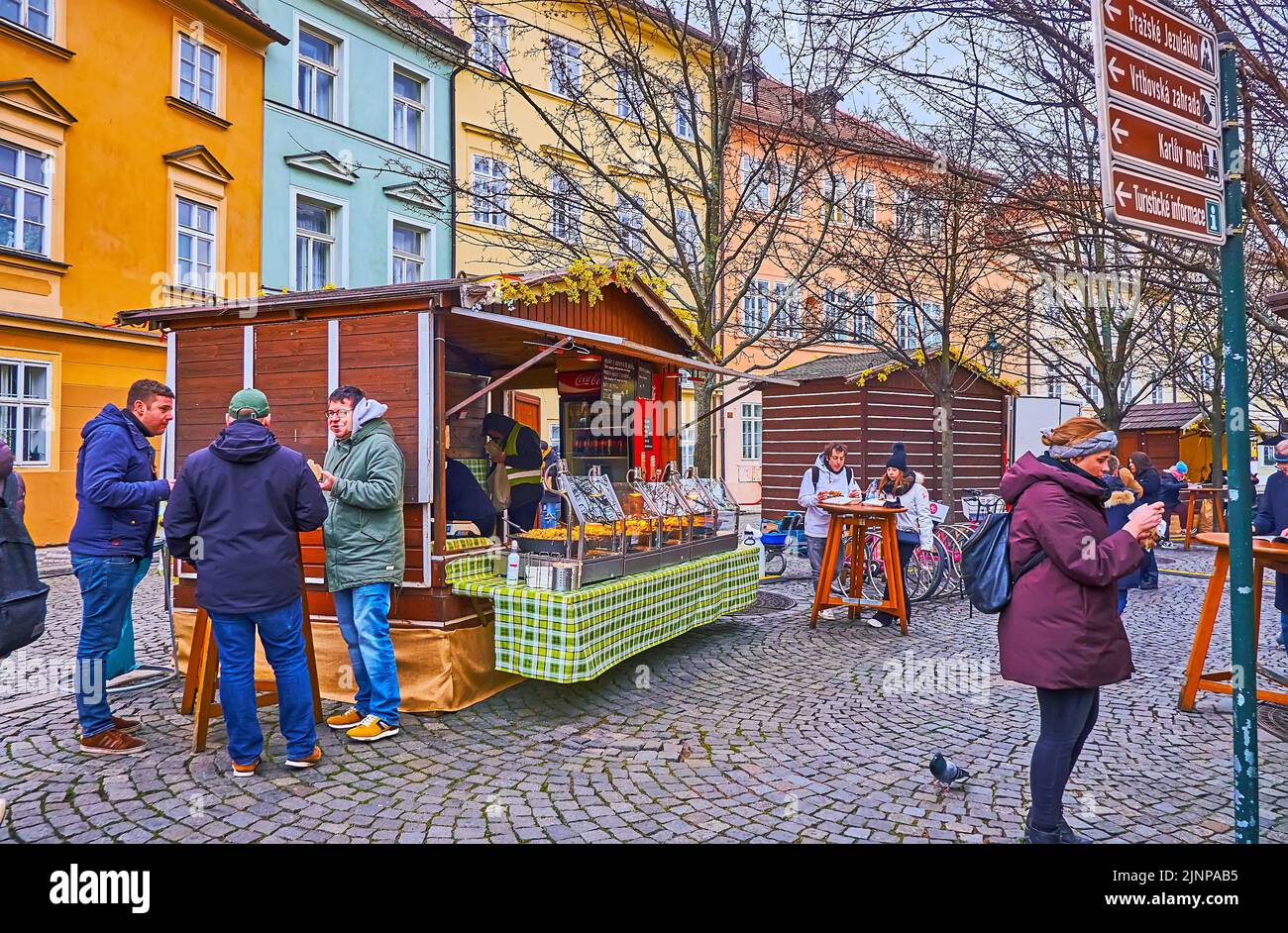 PRAGUE, CZECH REPUBLIC - MARCH 6, 2022: The stalls of the food market on Na Kampe Street of the Lesser Quarter, on March 6 in Prague Stock Photo