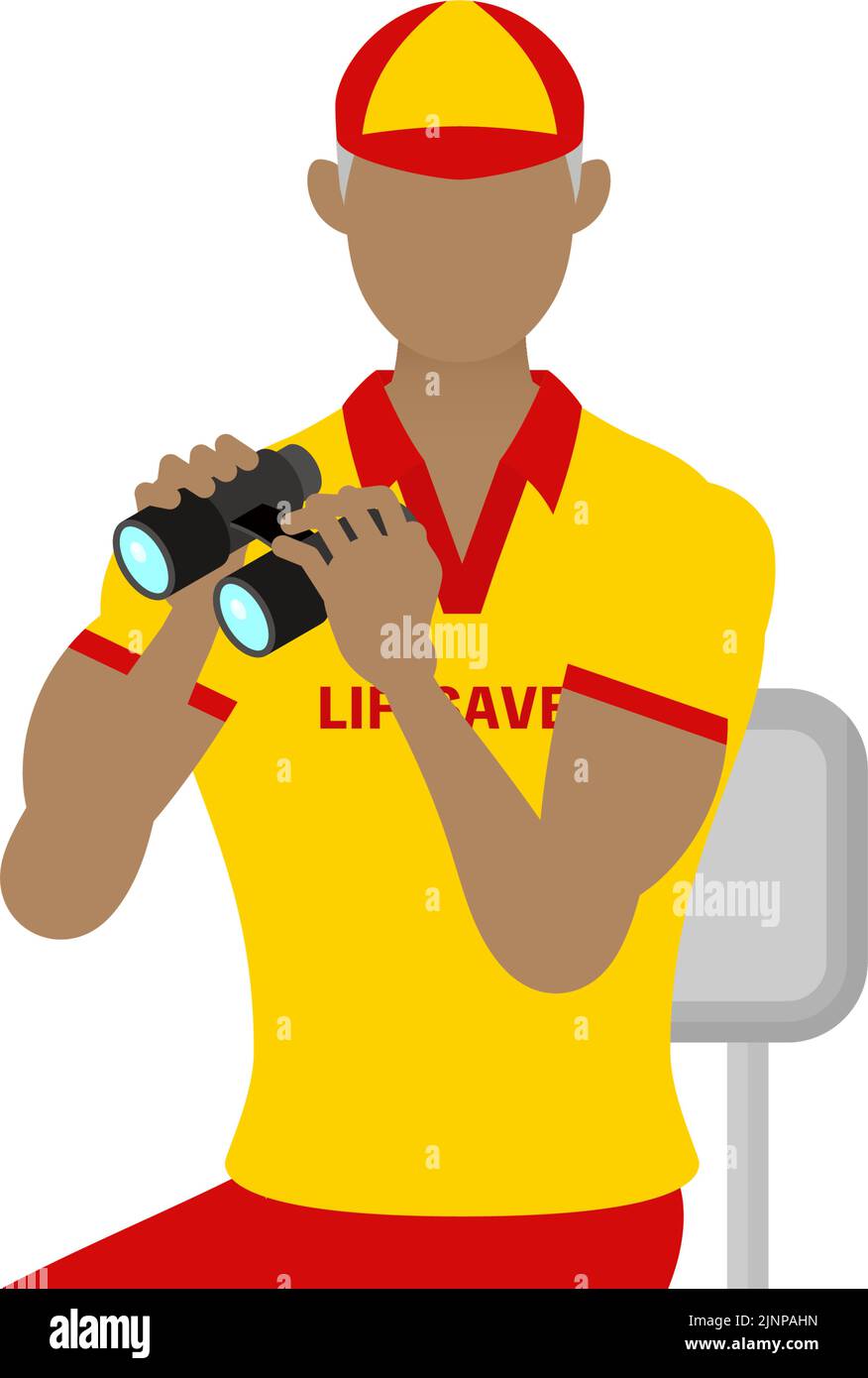 Senior Male lifesavers in poses, Check for safety with binoculars from a watchtower Stock Vector