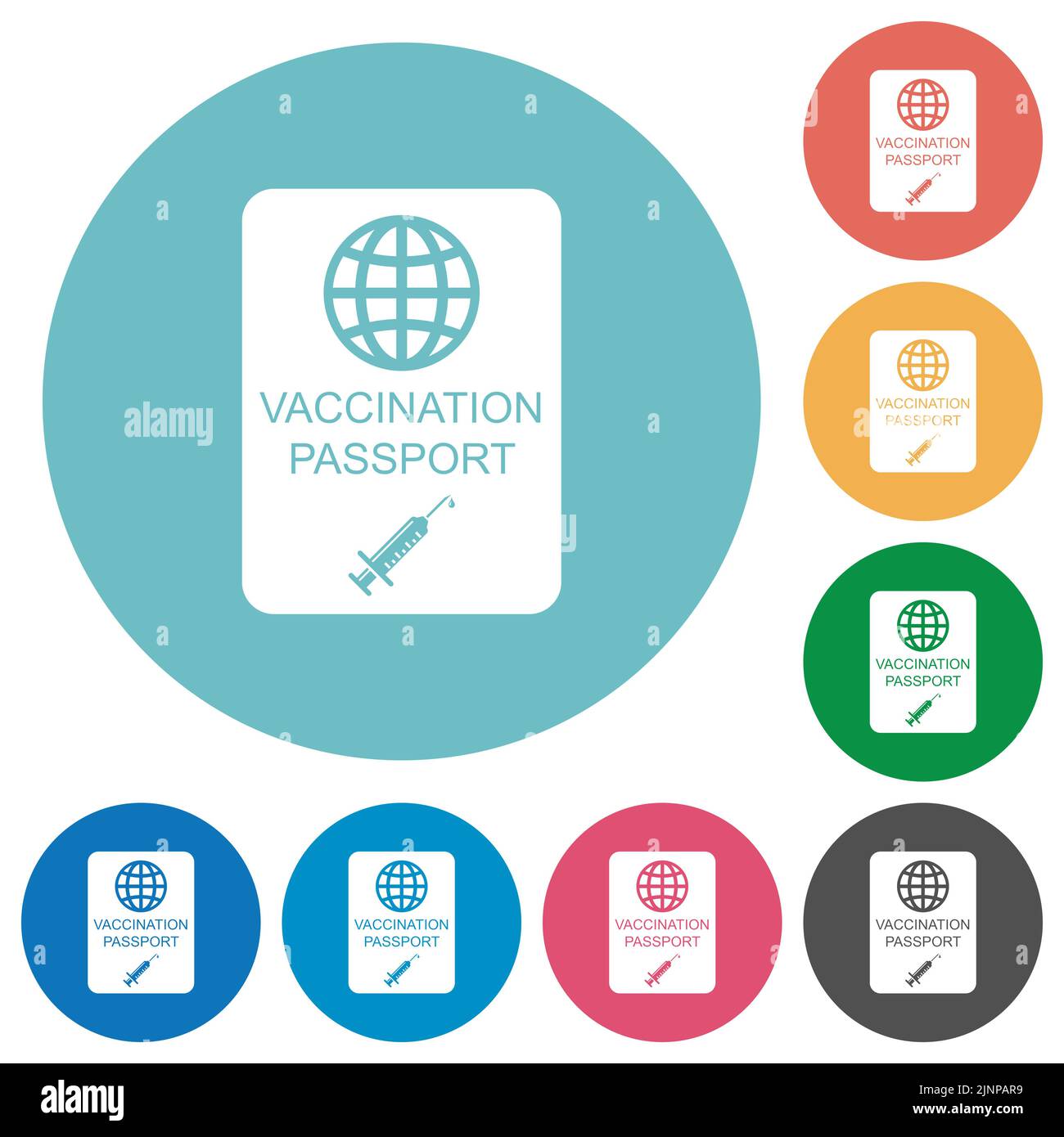 Vaccination passport flat white icons on round color backgrounds Stock ...
