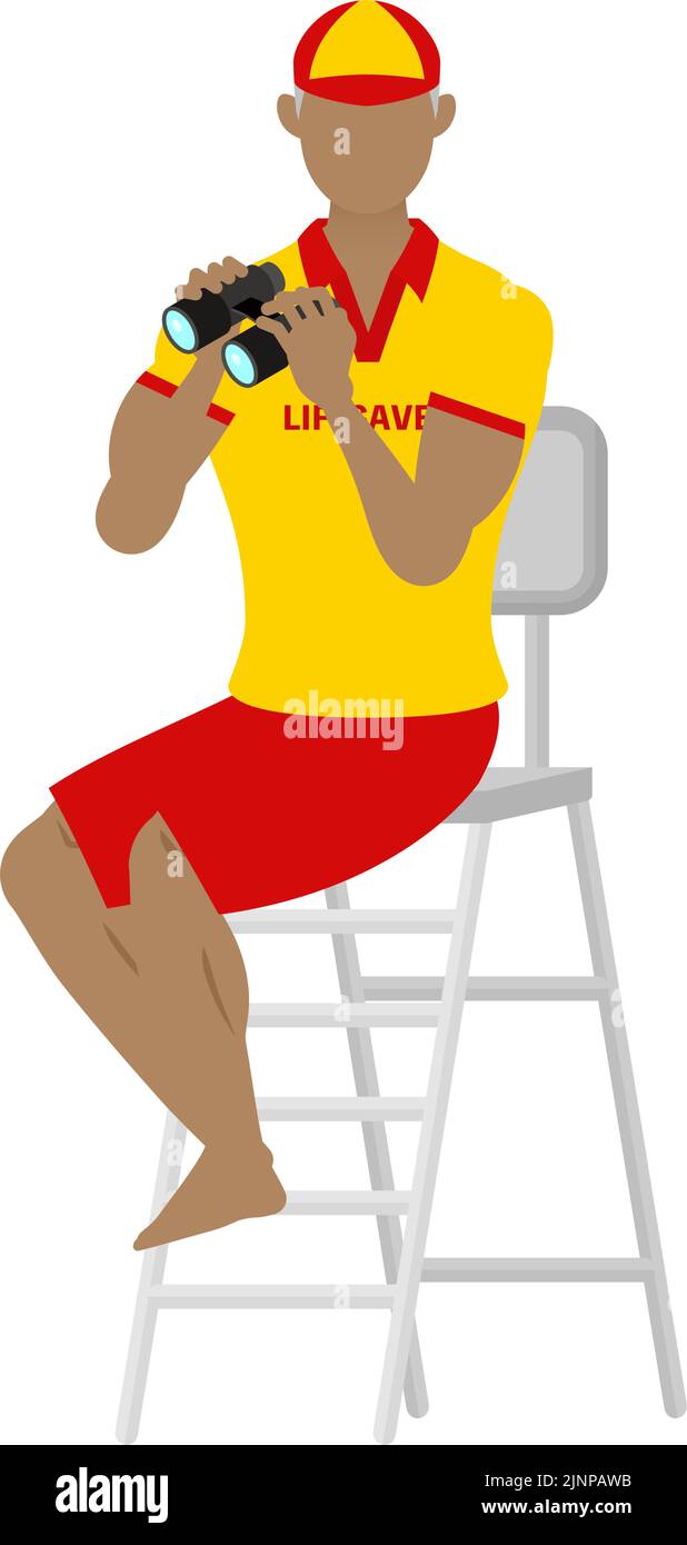 Senior Male lifesavers in poses, Check for safety with binoculars from a watchtower Stock Vector