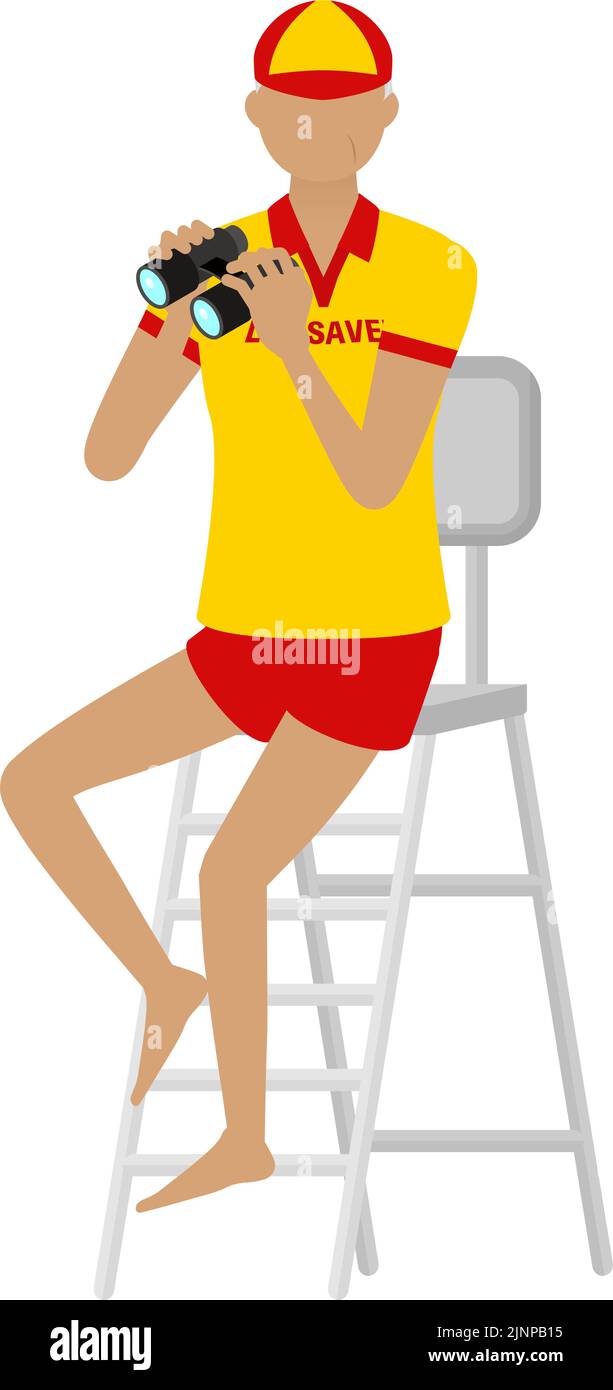 Senior Female lifesavers in poses, Check for safety with binoculars from a watchtower Stock Vector