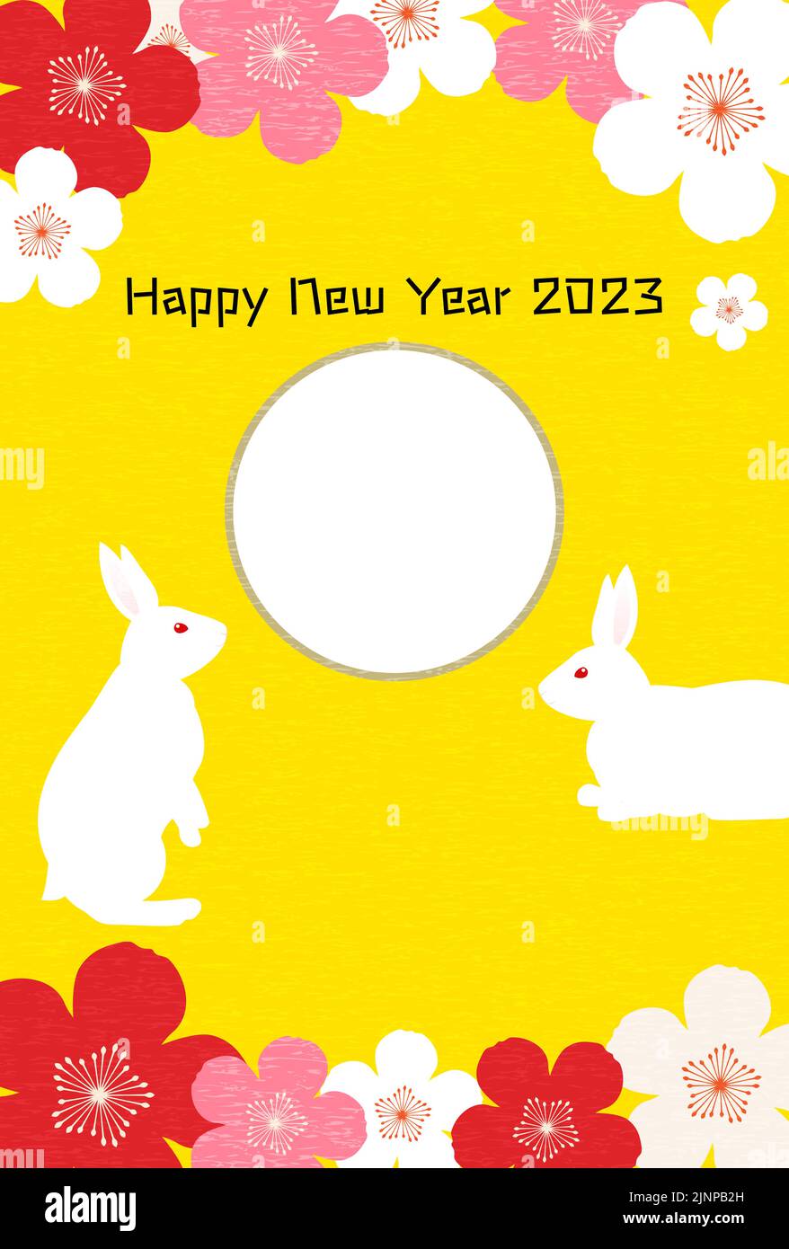 Frame Translation New Year's cards for the Year of the Rabbit 2023 Rabbit and plum, with ...