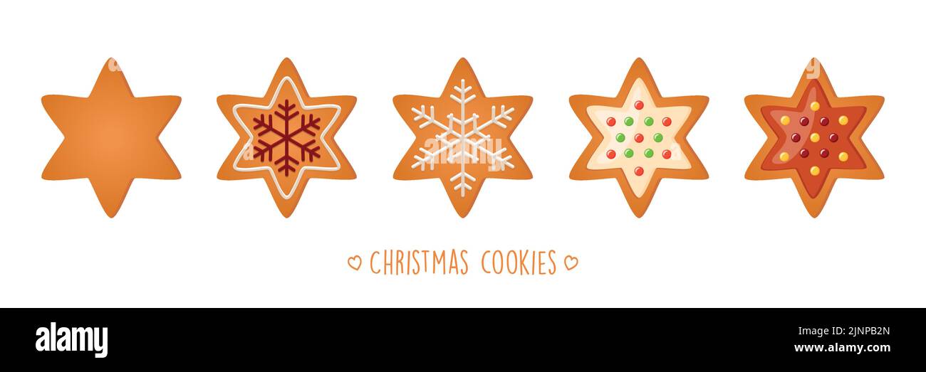 christmas cookies gingerbread set with different icing and sugar decoration star Stock Vector