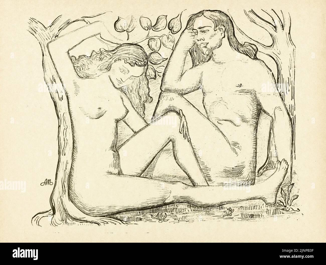 Adam and Eve sitting by a tree, print by Aristide Maillol, 1895 Stock Photo
