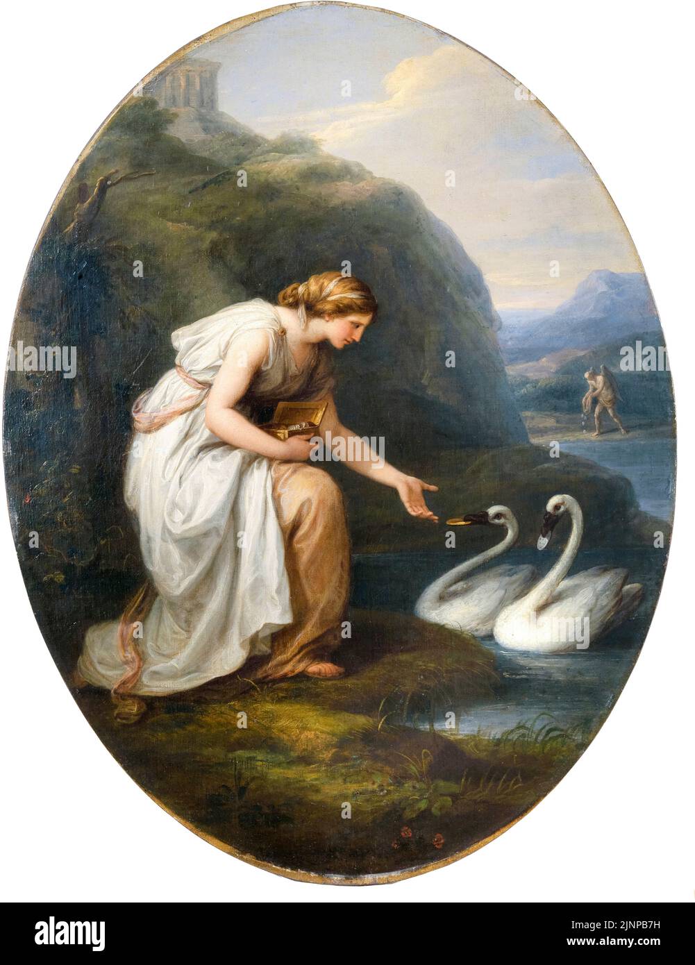 Angelica Kauffman, Immortalia, the nymph of immortality, receiving nameplates from two swans, painting in oil on canvas mounted on panel, before 1807 Stock Photo