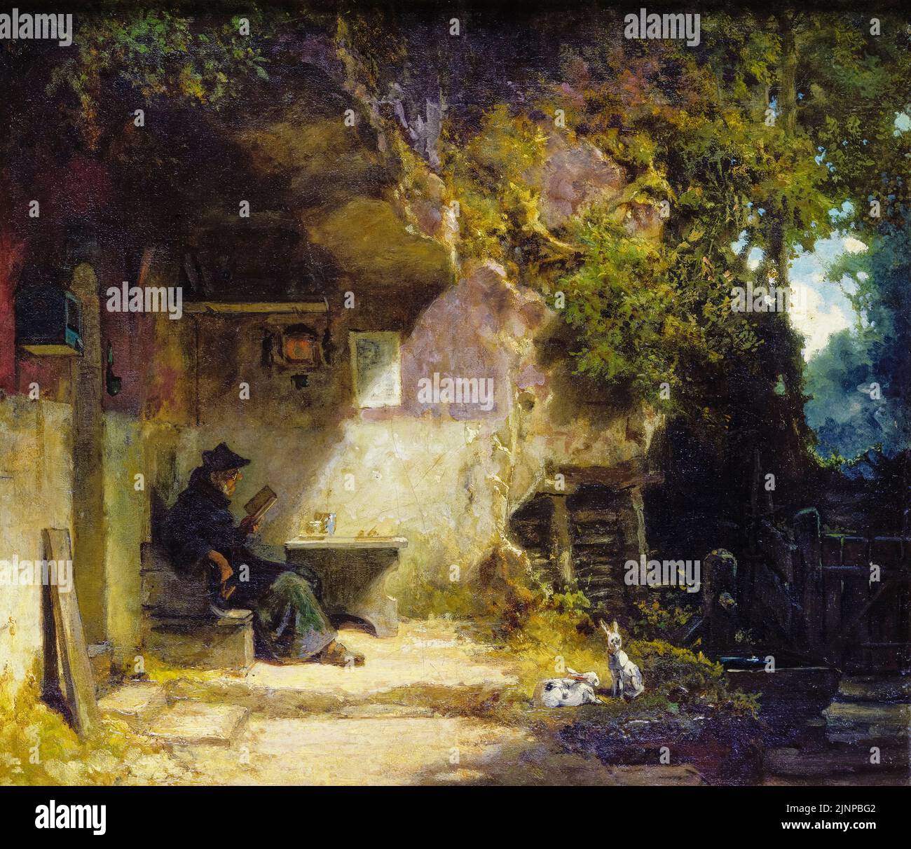 Carl Spitzweg, The Hermit in front of His Retreat, painting in oil on canvas, 1844 Stock Photo