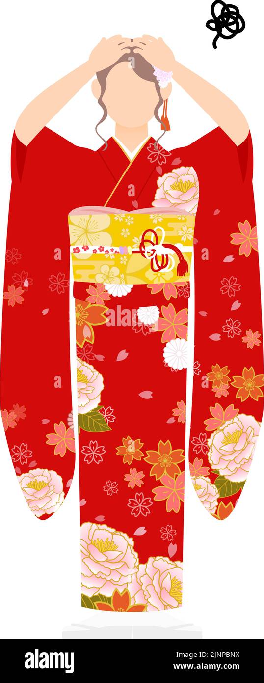 A woman in kimono, wearing a furisode (long-sleeved kimono)Worry with your head Stock Vector