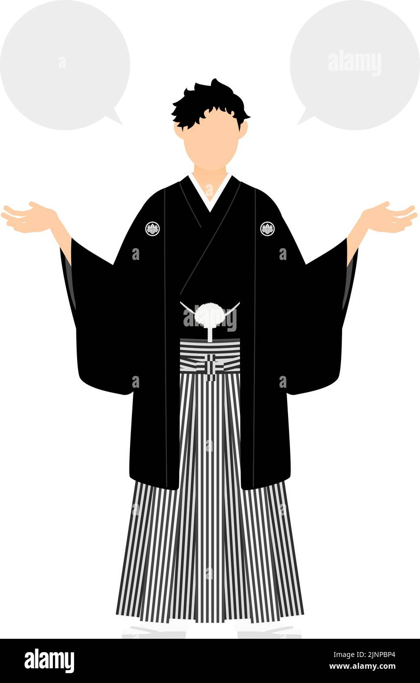 A man in kimono, wearing a crested hakama, Speak with open arms (with speech balloon) Stock Vector