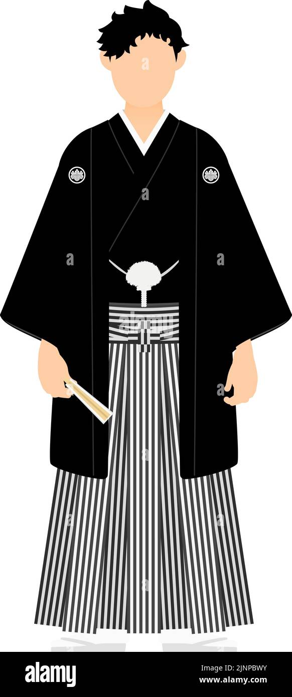 A man in kimono, wearing a crested hakama, Pose with a fan Stock Vector ...