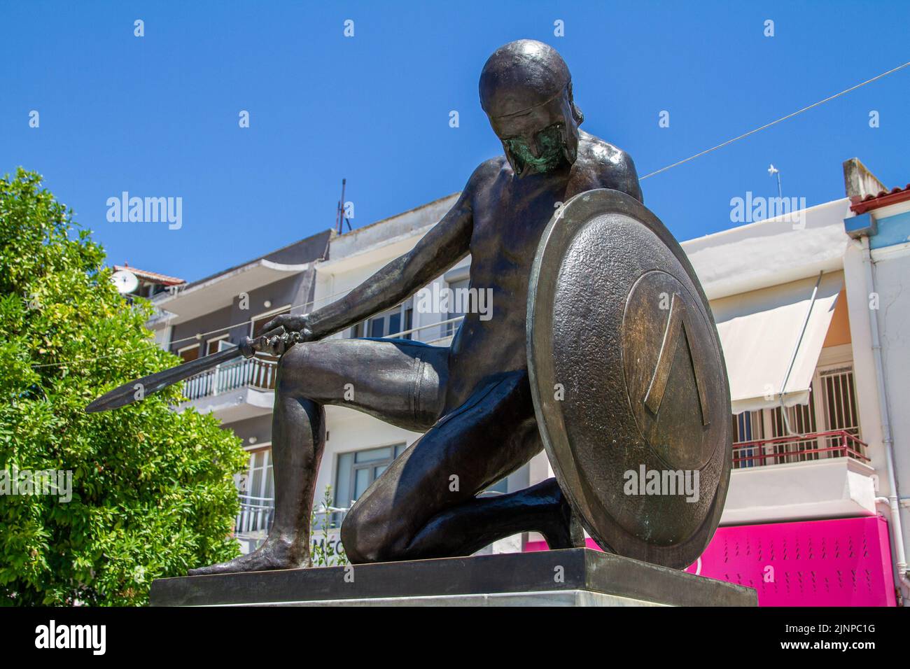 Sparta, Greece, July 20, 2022. statue of a Spartan soldier in the main