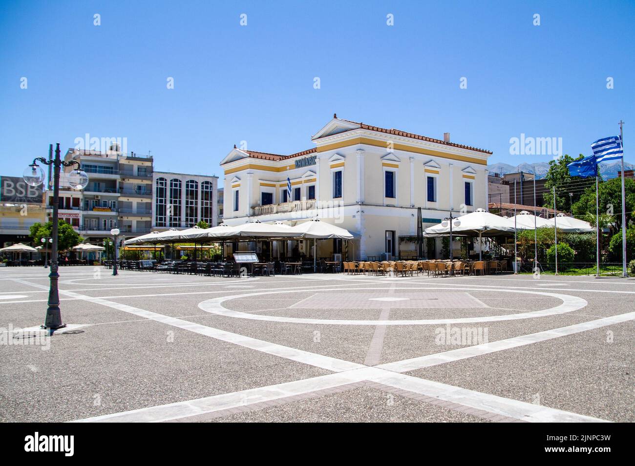 Sparta, Greece, July 20, 2022.The center of Sparta with the City Hall