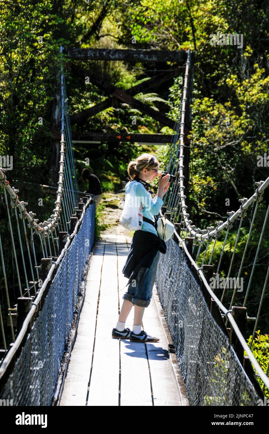 A visitor on the swing bridge taking a photograph of the Hokitka  Gorge in the rain forest on the west coast on  South Island in New Zealand Stock Photo