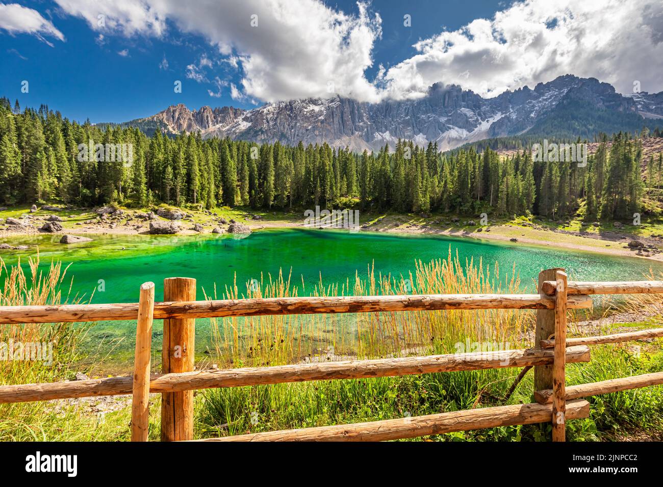 Aerial view of Carezza lake in Dolomites in summer, Italy, Europe Stock