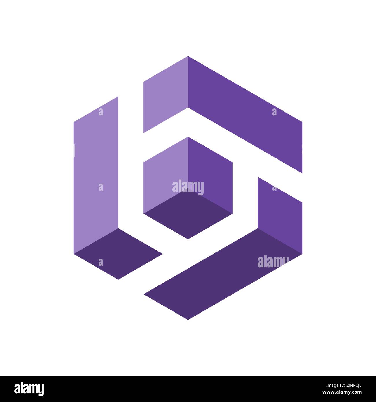 Letter B 3D logo. Letters B, T in a 3D cube. Numbers 6 and 9 in isometric box. Lavender colors. Hexagon shape. Stylized stripes make modern monogram. Stock Vector