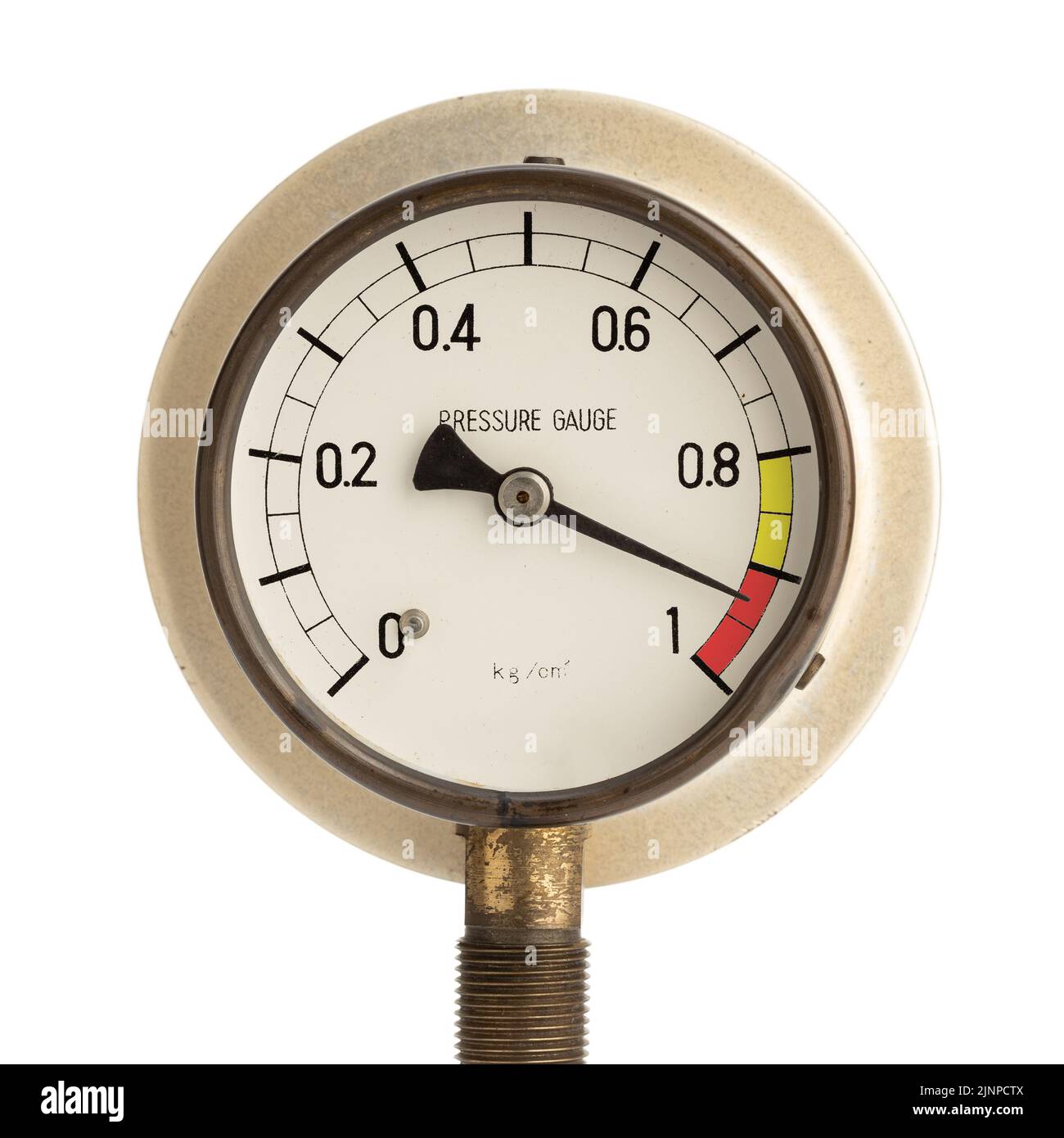 Pressure gauge marking high readings isolated on white background. High