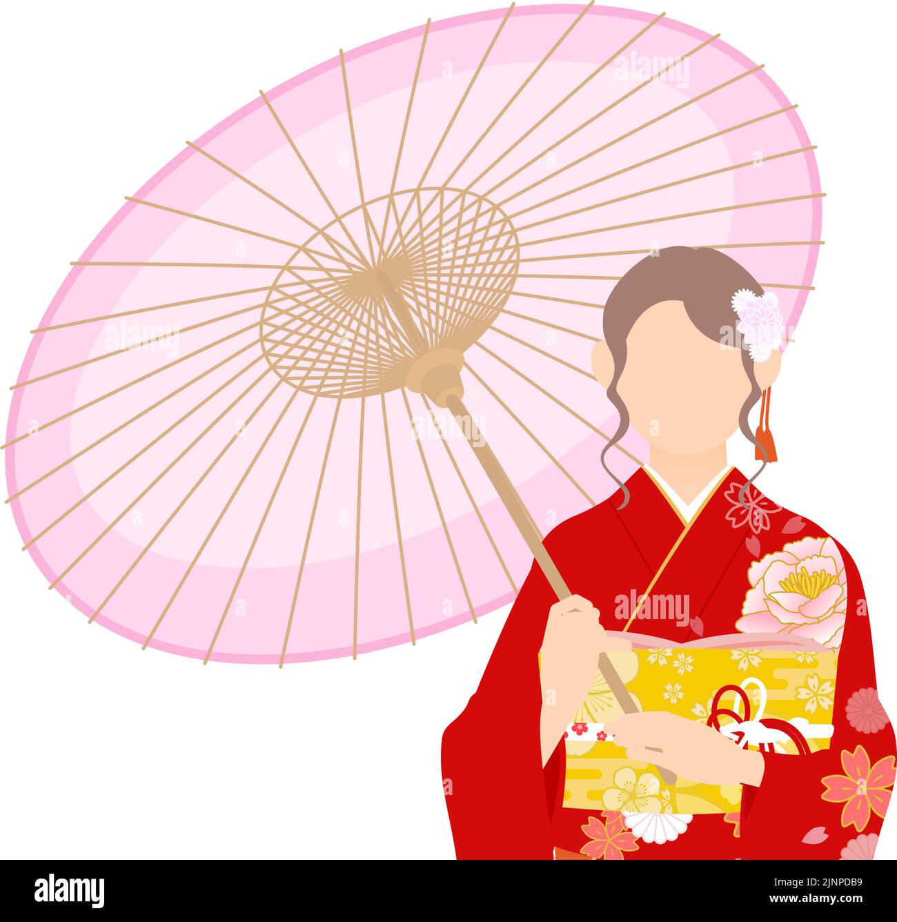 A woman in kimono, wearing a furisode (long-sleeved kimono)stand under an umbrella Stock Vector