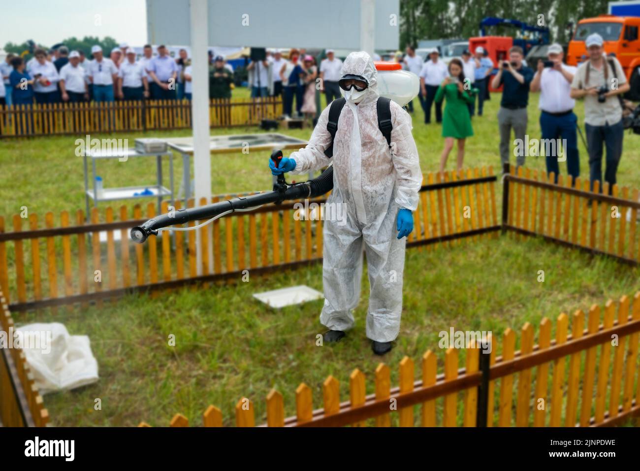 Tatarastan, Russia. 2022, 14 July. Rural disinfector. Exercise on the