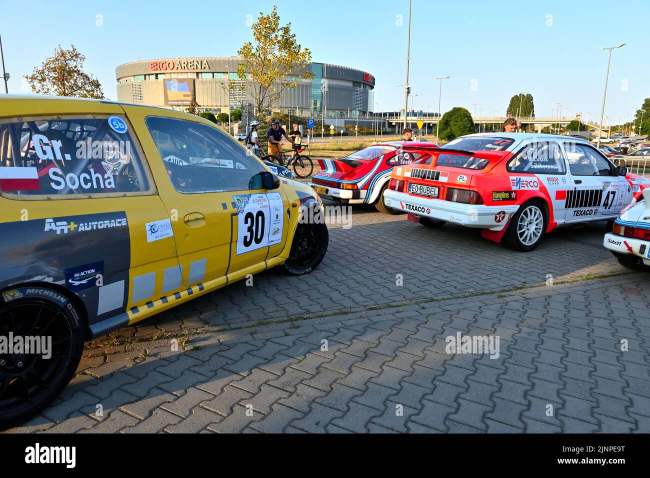 Gdansk, Poland - August 12, 2022: Racing cars showcased on a city street Stock Photo