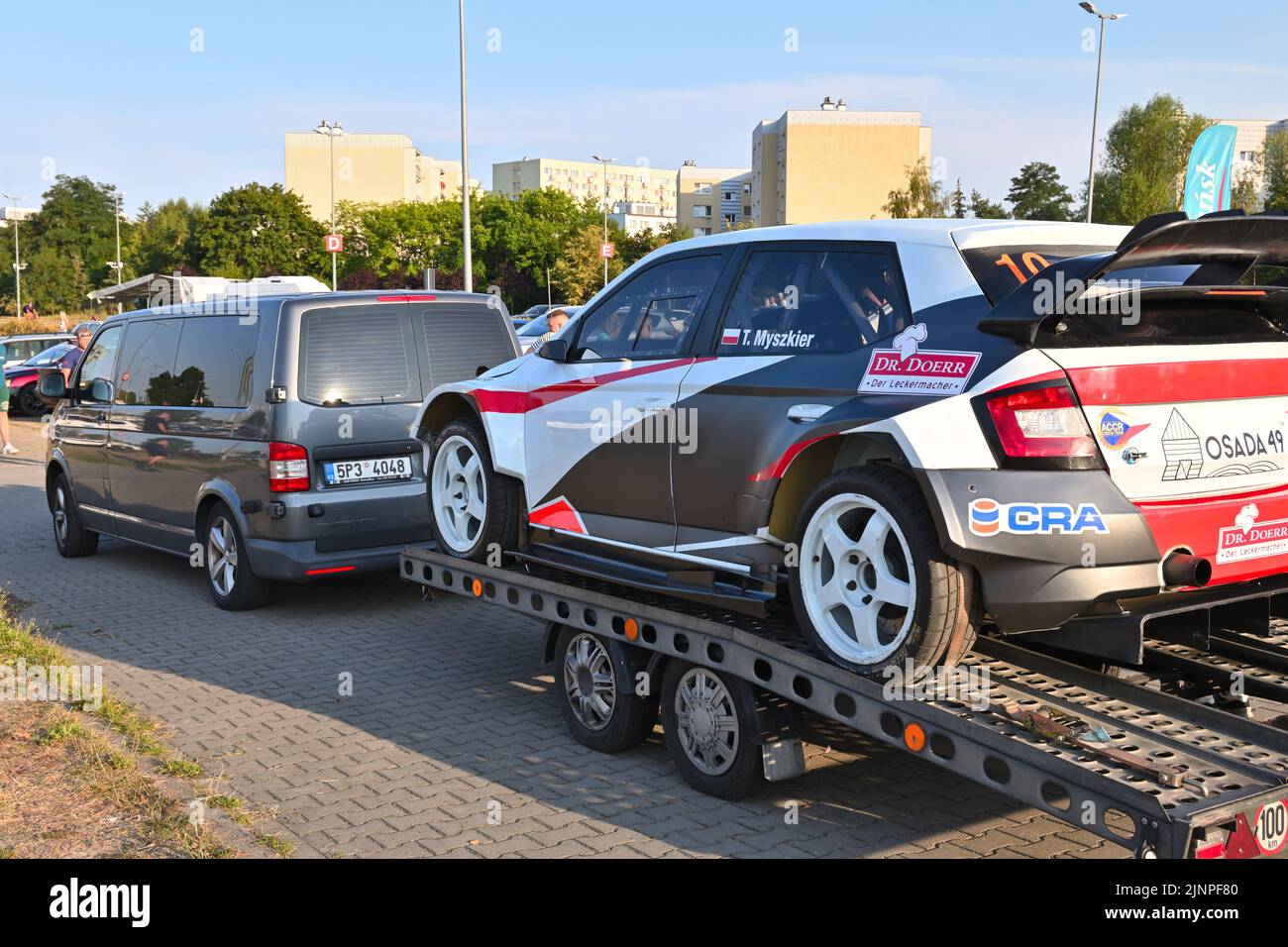 Gdansk, Poland - August 12, 2022: Race car on tow truck for emergency car move Stock Photo