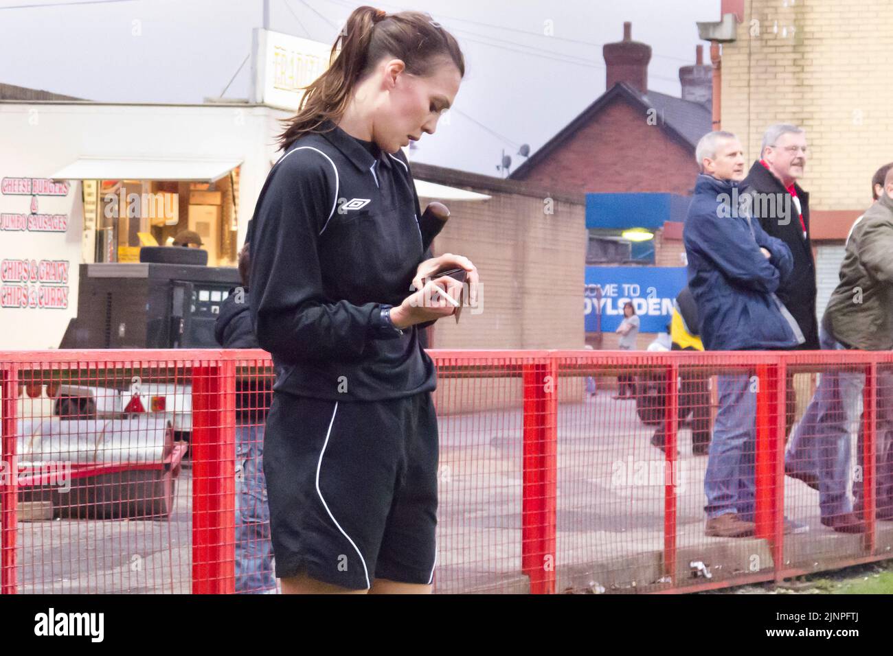 Natalie Aspinall Premier League official running the line at Droylsden v Solihull in 2011 Stock Photo