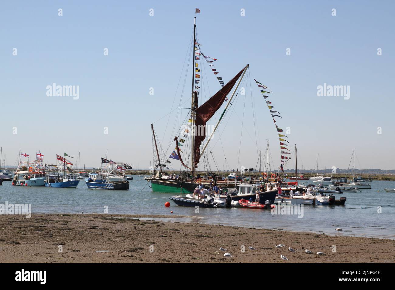 West Mersea Regatta is taking place on Mersea Island. The regatta has been run almost continually since 1838 and is organised by volunteers. Boats moored in the estuary with the Thames Barge 'Kitty'. Stock Photo
