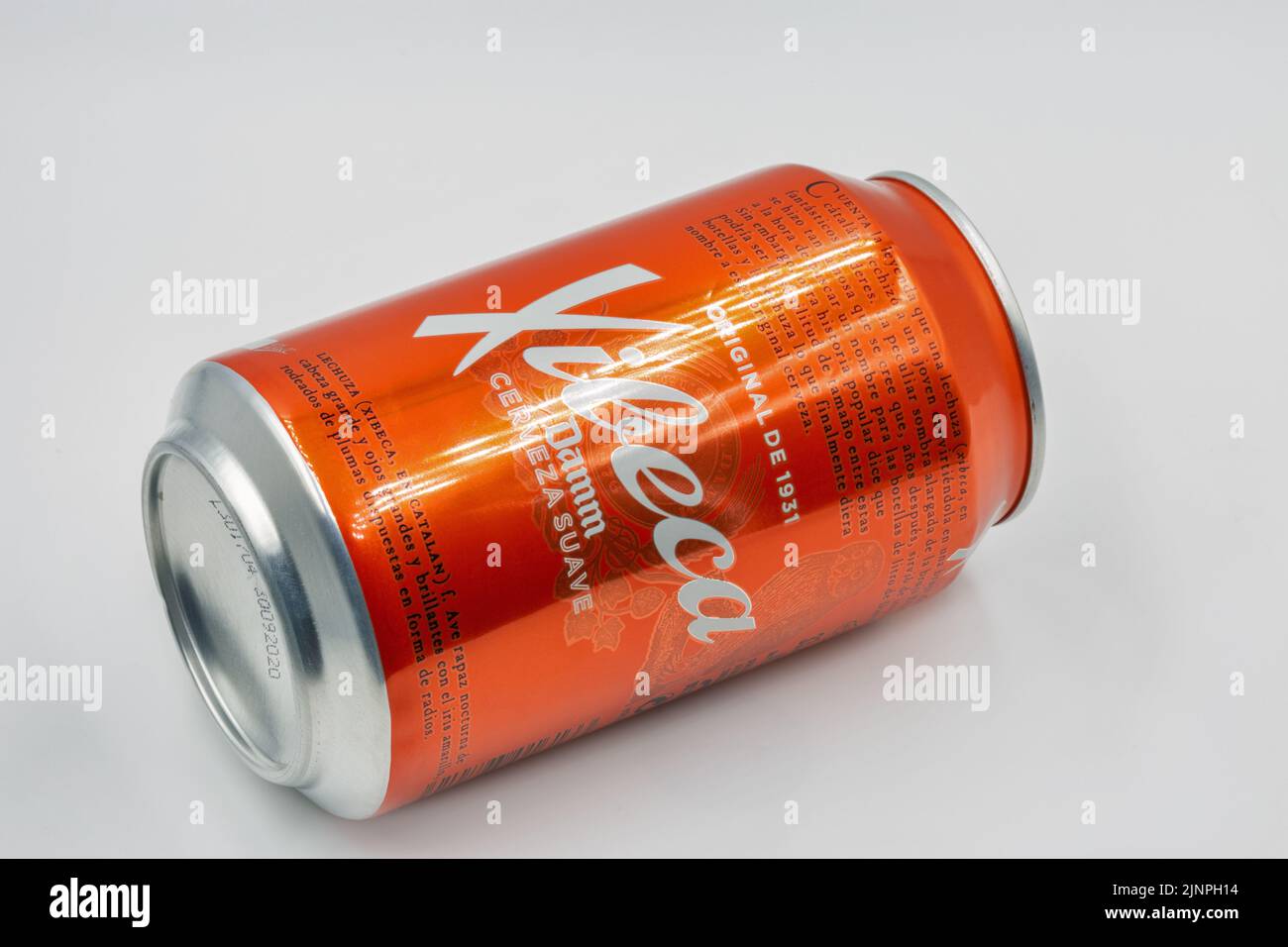 Kyiv, Ukraine - June 10, 2021: Studio shoot of Spanish beer Xibeca can from manufacturer Barcelona brewery S.A. Damm closeup on white. It produced and Stock Photo