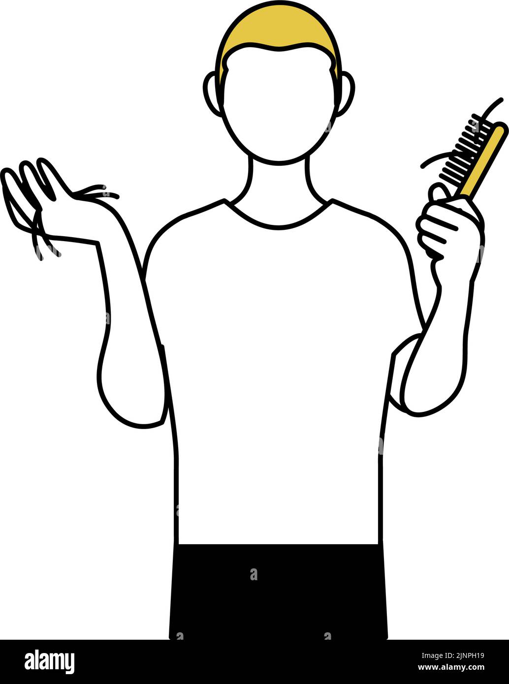 AGA Male pattern baldness man shocked by hair loss tangled in brush