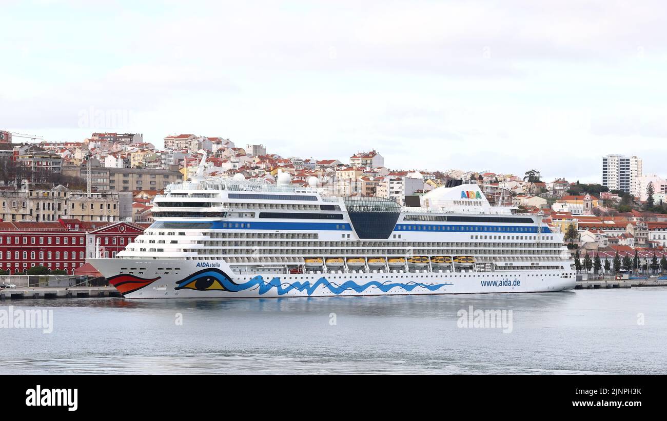 A view of the cruise ship AIDAstella moored on the Lisbon waterfront in Portugal.  The cruise ship is operated by the German cruise line AIDA Cruises. Stock Photo