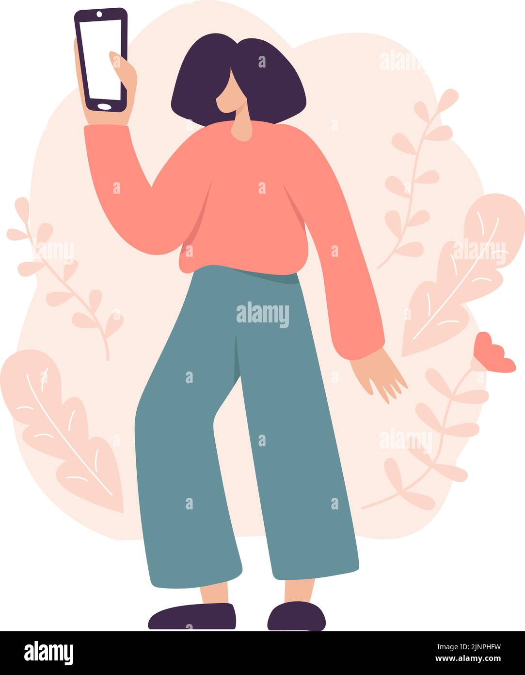 Young cute vector woman shows telephone copyspace. Concept of virtual communication of social networks. illustration in flat style Stock Vector