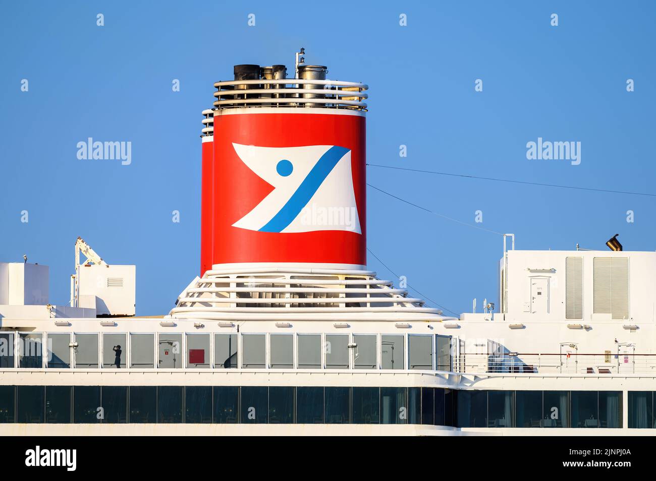 The Fred. Olsen Cruise Lines funnel logo on the cruise ship Bolette - August 2022. Stock Photo