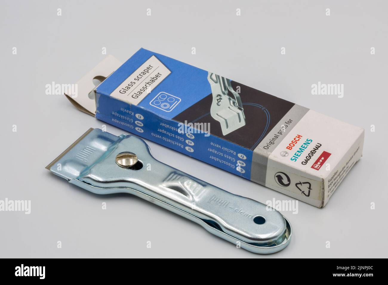 Kyiv, Ukraine May 06, 2022 New Bosch Siemens glass scraper for electric stove closeup on