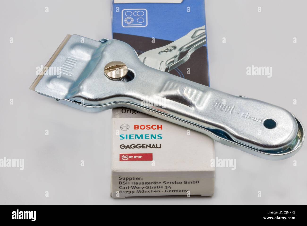 Kyiv, Ukraine May 06, 2022 New Bosch Siemens glass scraper for electric stove closeup on