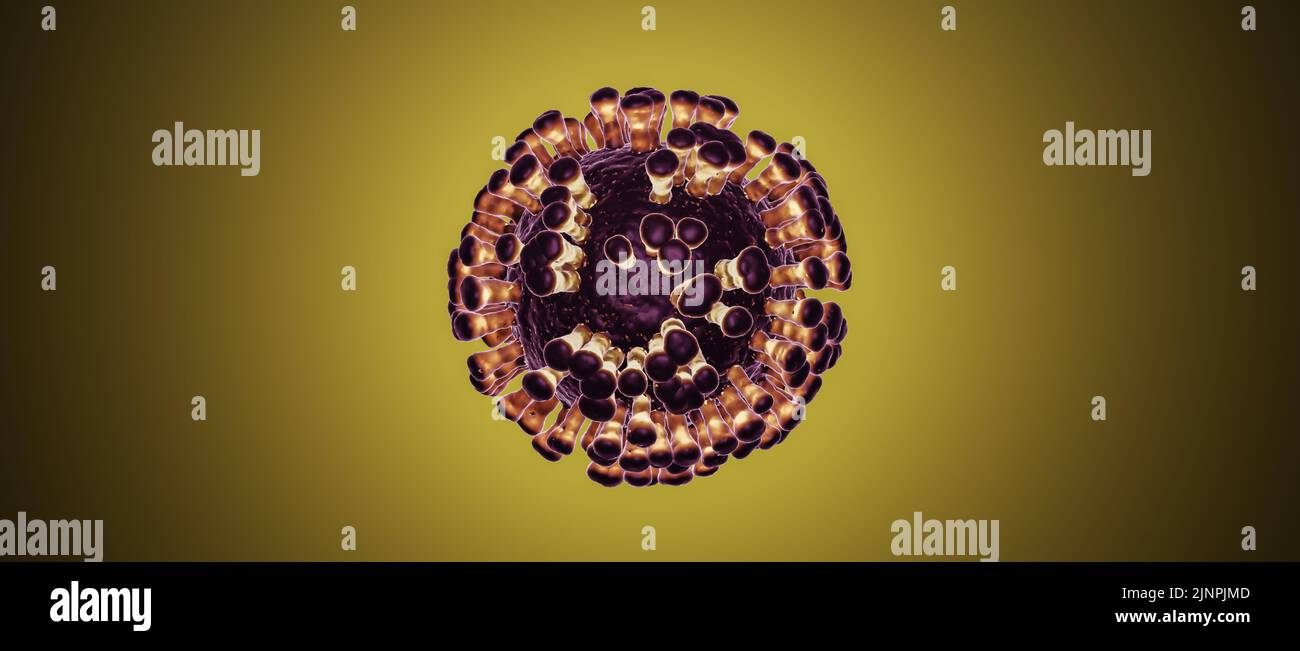 Conceptual illustration of a single virus cell on yellow background, visualization of a viral infection Stock Photo
