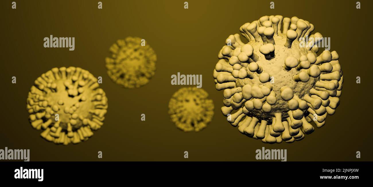 Virus cells on yellow background, visualization of a viral infection Stock Photo
