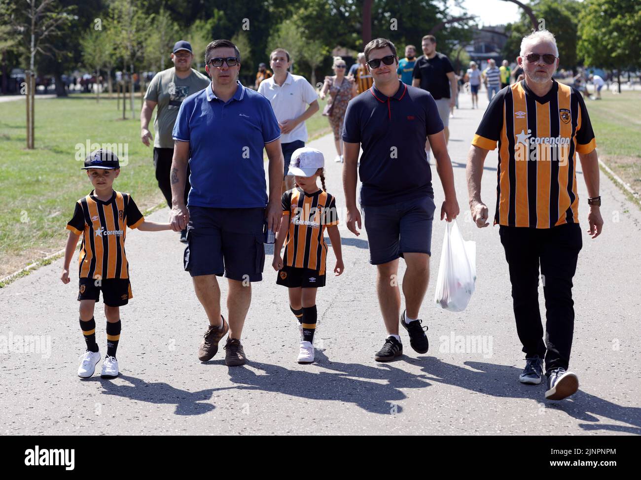 Hull City fans arrive for the Sky Bet Championship match at the MKM Stadium, Hull. Picture date: Saturday August 13, 2022. Stock Photo