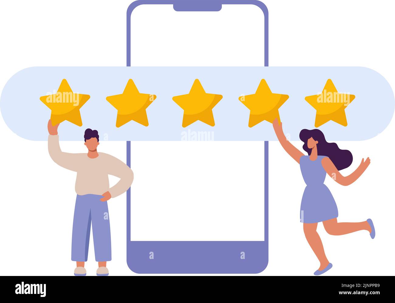 Happy and satisfied vector customer flat man and woman giving Five stars rating on smartphone. Customer review rating and client feedback concept Stock Vector