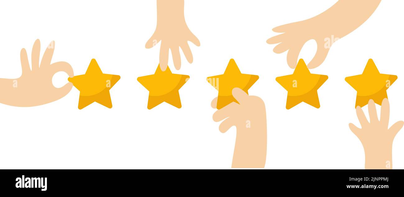 Vector people hands are holding and giving stars, giving five star feedback. Clients choosing satisfaction rating and leaving positive review Stock Vector