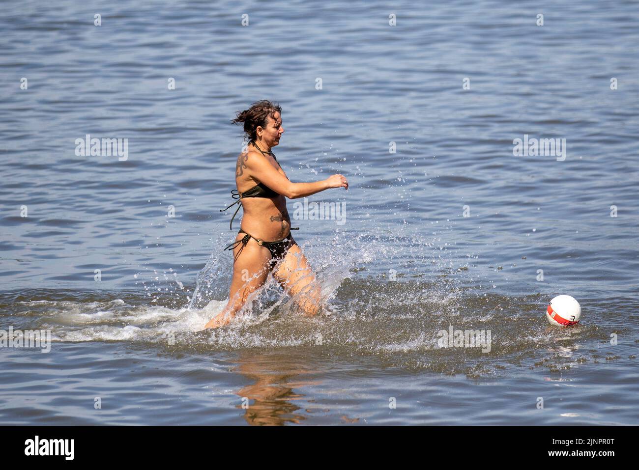 Southport, Merseyside, 12 August 2022 UK Weather. Cooling off at high tide, as temperatures reach 29C again.  Families enjoy the rare sight of the tide in at Southport, on a sweltering sunny summer’s day. Today will be another fine and dry day with extensive spells of sunshine. It will be very warm, for all. Credit:MediaWorldImages/AlamyLiveNews. Stock Photo