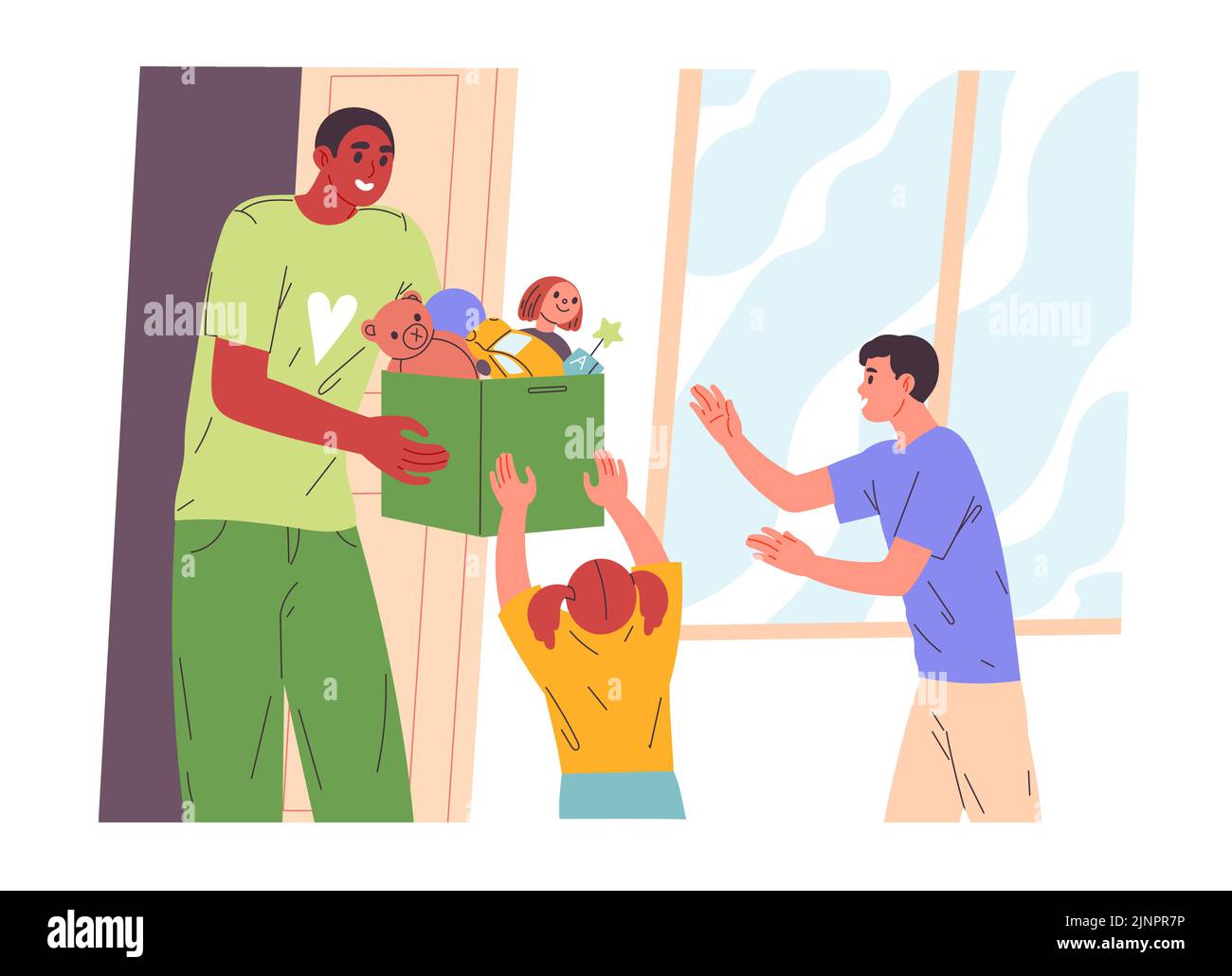 Man brought box of toys to children. Stock Vector