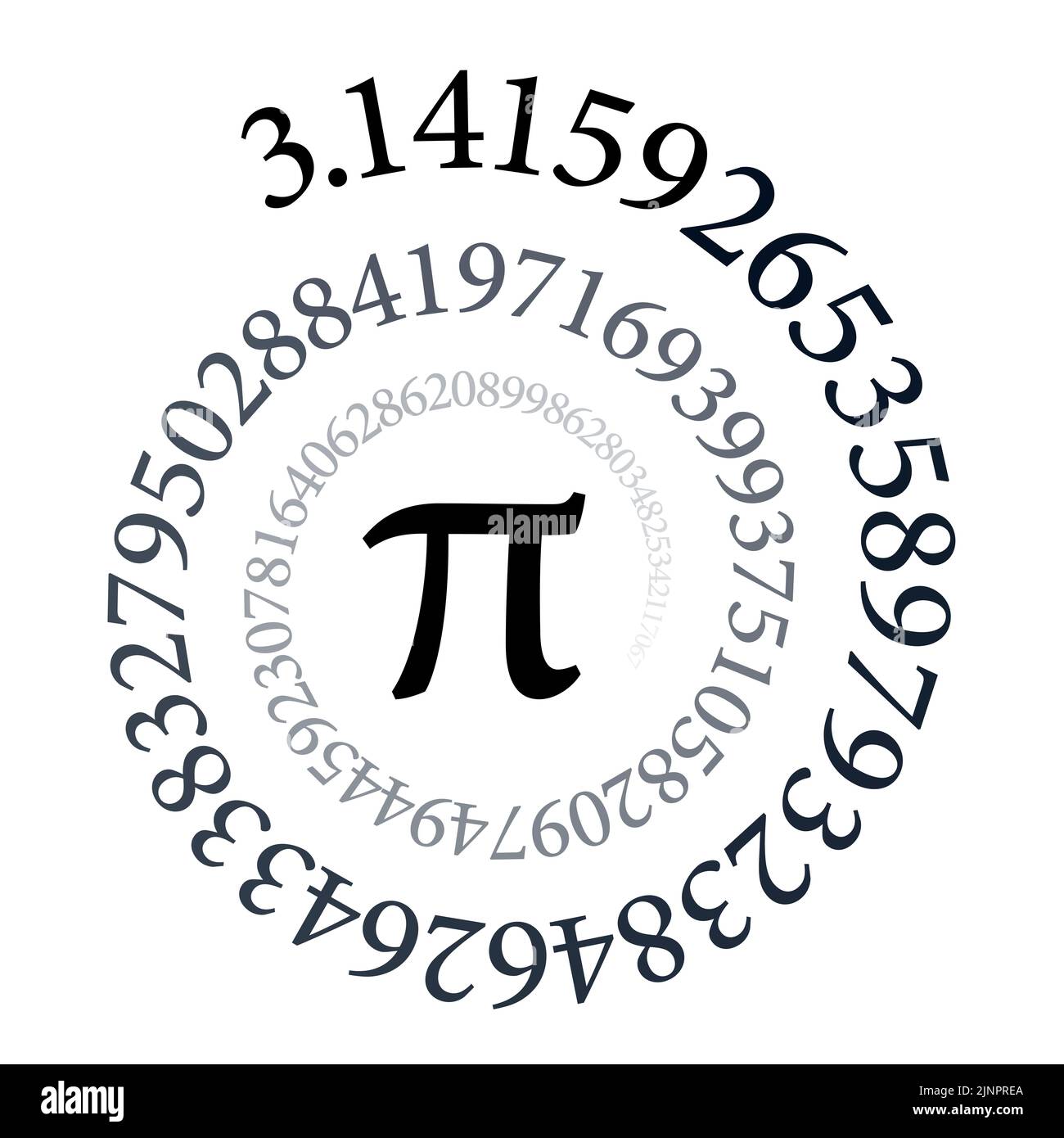 Pi spiral. The first hundred digits of the infinite circle number and mathematical constant Pi, forming an arithmetic spiral. Black and white. Stock Photo