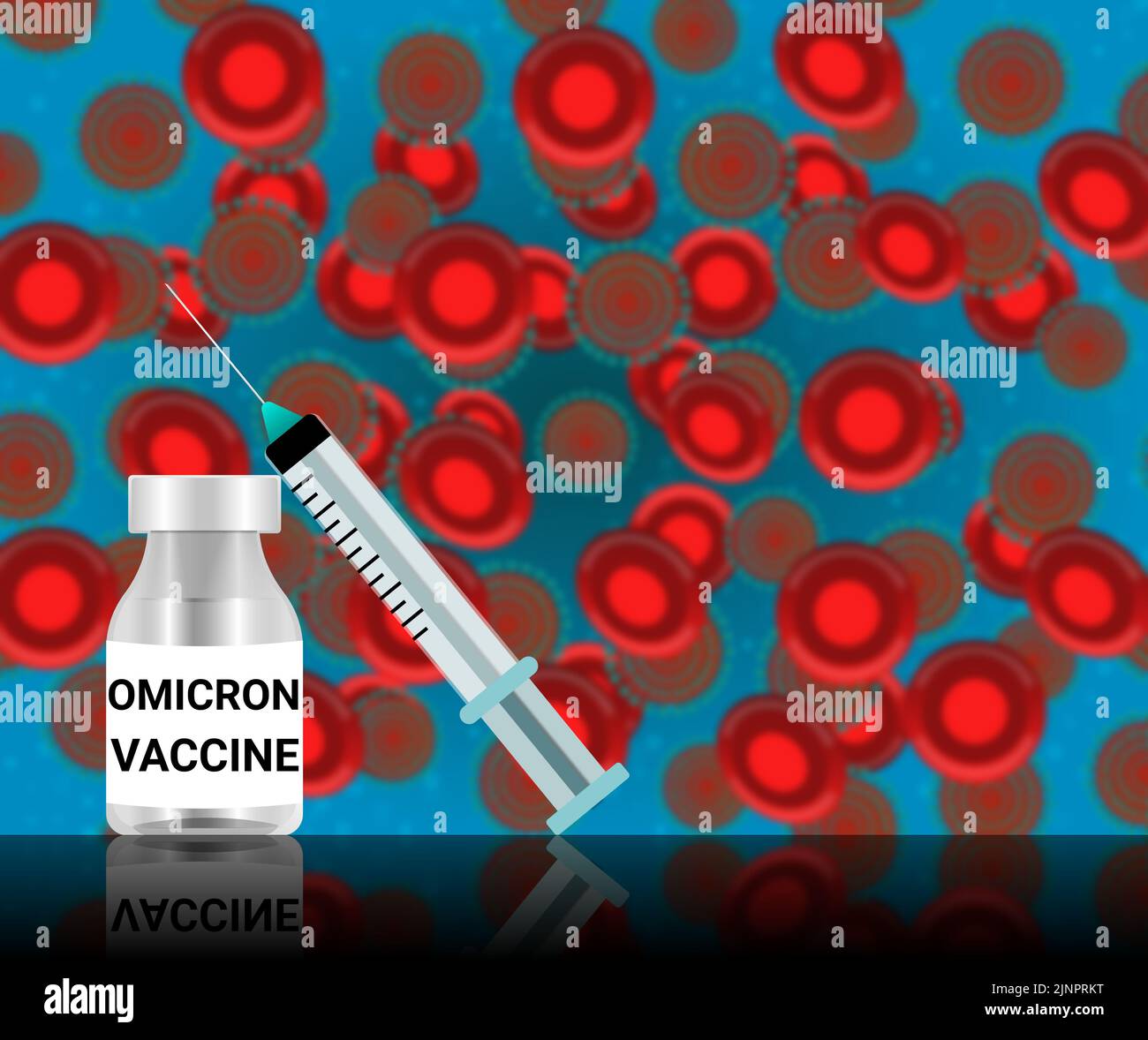 omicron virus vaccine on blur background and surface reflection. medical reasearch and health care awareness illustration and background. Stock Photo