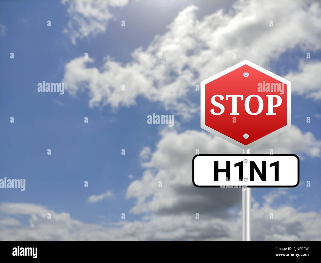 Stop H1N1 sigh board on blur sky background. influenza virus spread in winter season, illness and head pain. Stock Photo