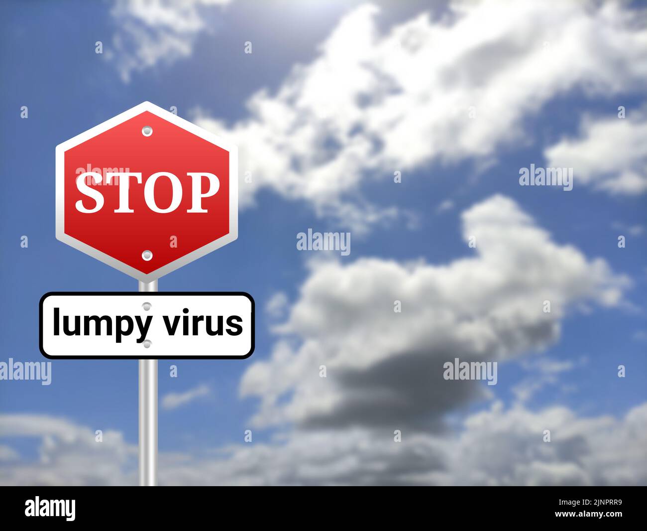 Stop lumpy virus sigh board on blur sky background. cow lumpy skin disease outbreak in india. Stock Photo