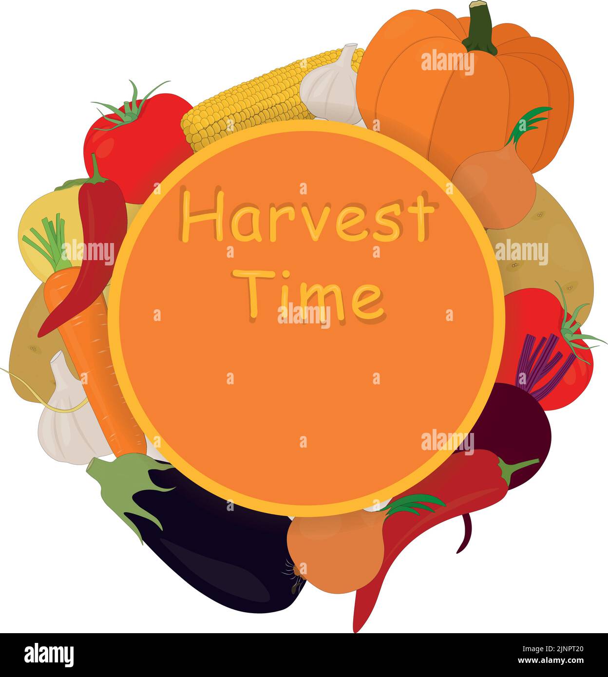 Harvest time vegetables collection behind the circle frame with copy space vector illustration Stock Vector