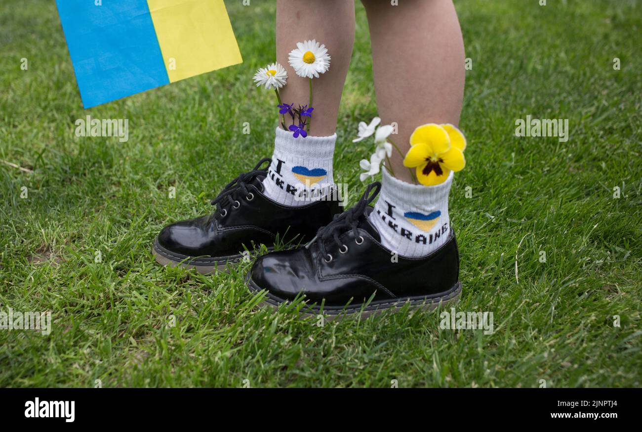 feet of boy - patriot in black patent leather shoes and socks with inscription I love Ukraine, Ukrainian flag. Flowers stick out of socks. drawing att Stock Photo