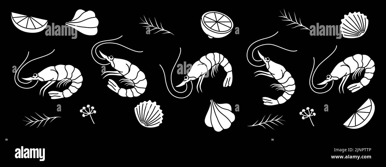 Shrimp prawn with lemon slices and rosemary. Seafood dish with herbs