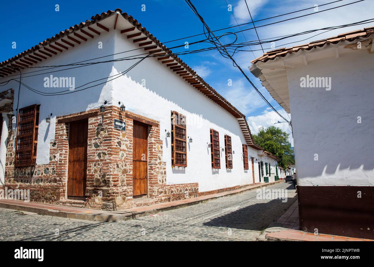 Beautiful colonial houses at the small town of Santa Fe de Antioquia in Colombia Stock Photo