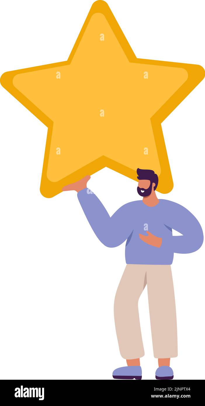 Happy and satisfied vector customer flat man people is holding review star over his head. Five stars rating. Customer review rating and client Stock Vector