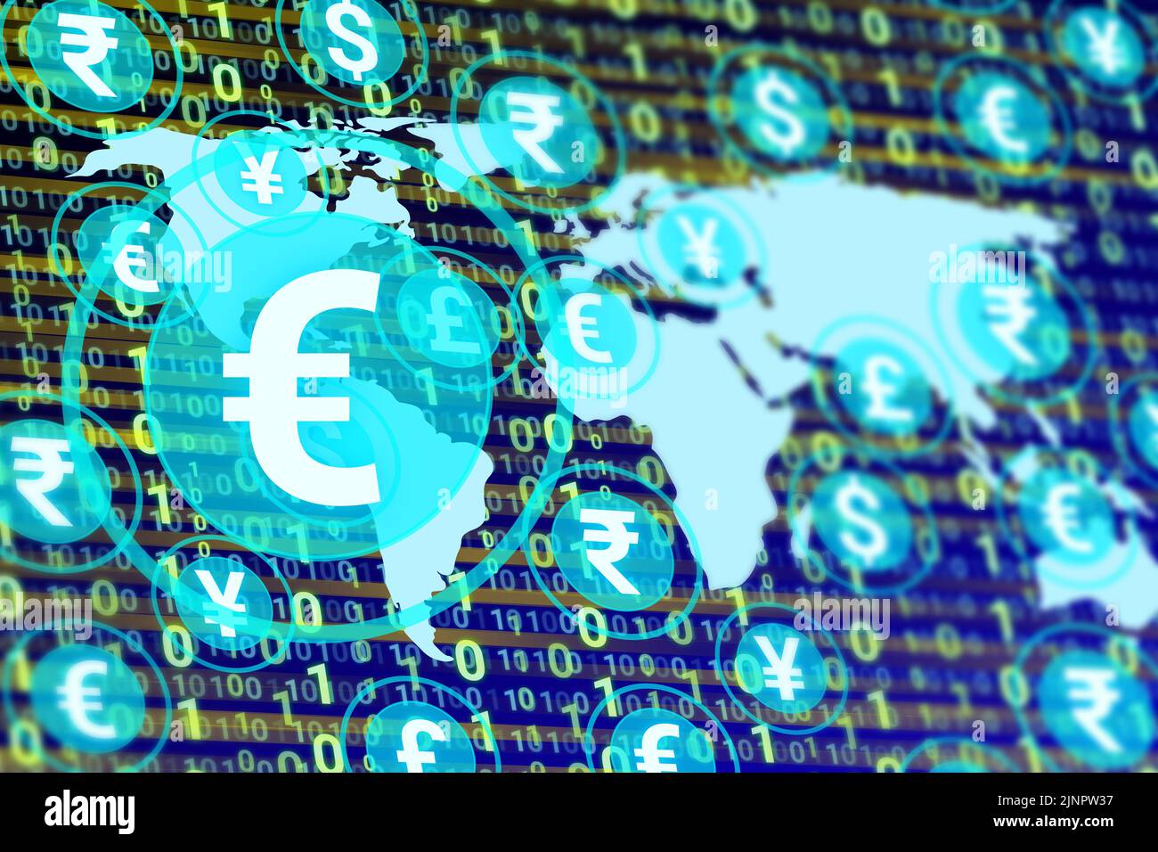 digital euro icon isolated on other currency, world map and numbers. concept for euro rate, demand and popularity in World. Stock Photo